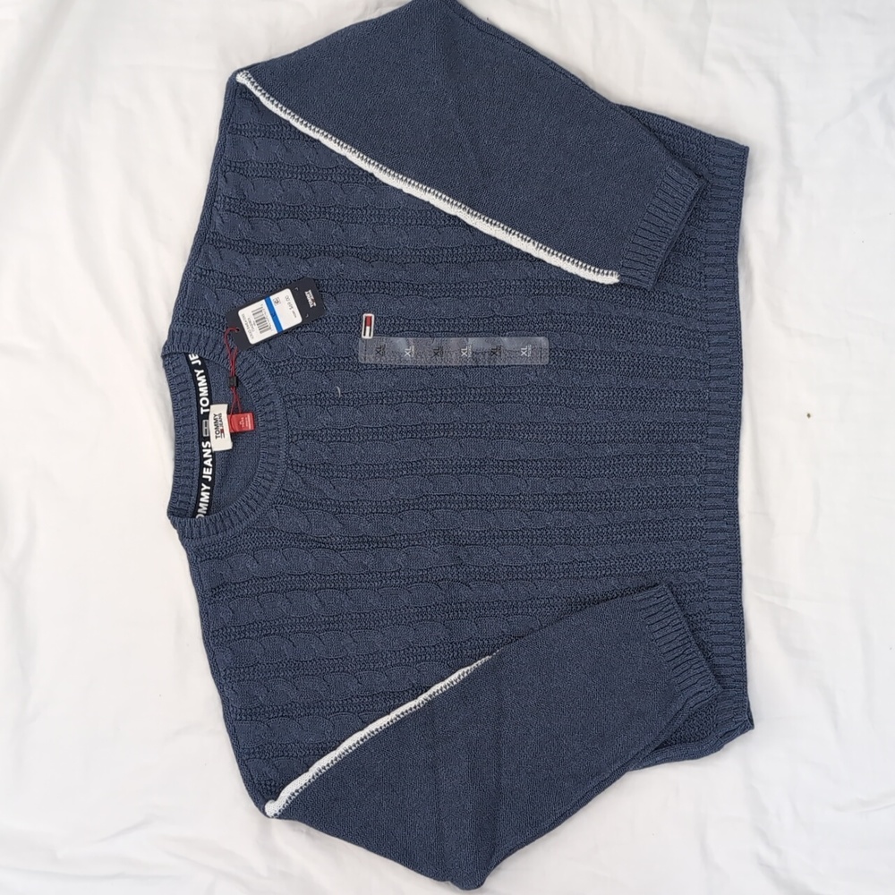 NWT TOMMY Jeans Blue Logo Sweater Sz XL Cable knit